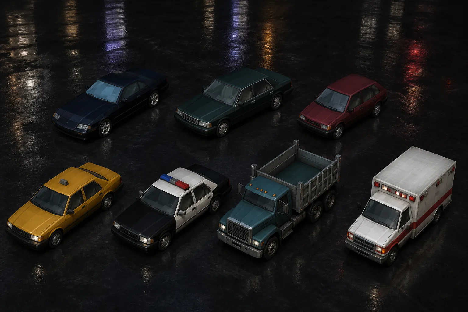 Originální low-poly galerie kupé, sedanů, hatchbacku, taxi, policejního auta, nákladního vozu a ambulance